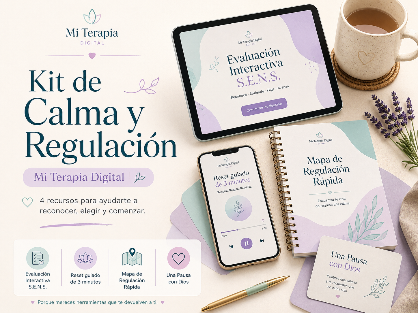 Kit de Calma y Regulación: evaluación interactiva S.E.N.S. en tablet, reset guiado de 3 minutos en móvil, Mapa de Regulación Rápida y tarjeta Una Pausa con Dios.